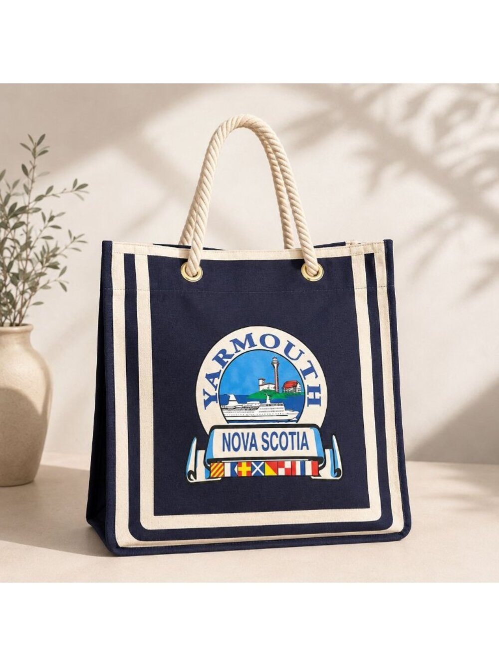 Yarmouth Nova Scotia Tote Bag Rope Handles VTG Nautical Maritime Ferry Lighthous